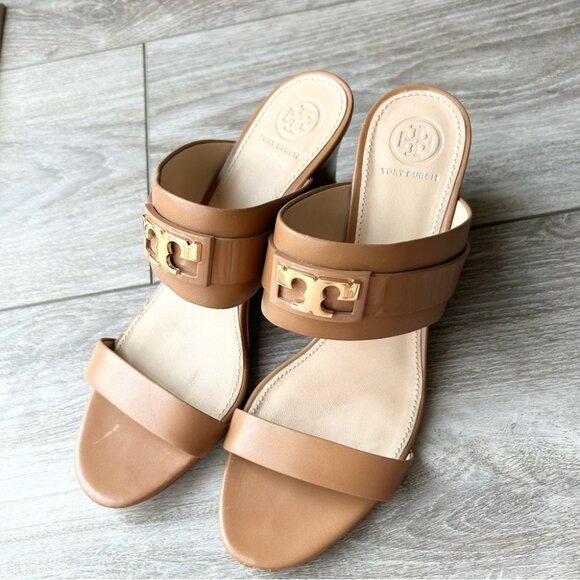 Tory Burch Shoes - Tory Burch Metal Miller Wedge Sandals Brown Leather Open Toe